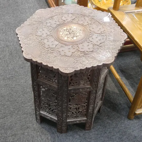 INDIAN CARVED TABLE 485mm dia H.480mm
