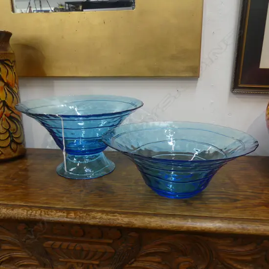    TWO BLUE GLASS FRUIT BOWLS Dia.290mm