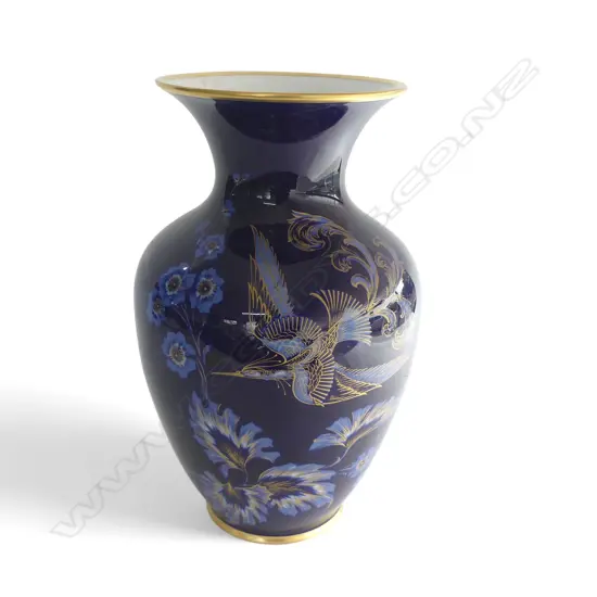 LARGE PORCELAIN BAVARIA SCHUMANN ARZBERG COBALT BLUE VASE exotic bird & florals gilt highlights H.380mm