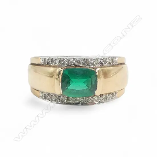 9CT GOLD DIAMOND AND CREATED EMERALD RING 6.43gms SIZE R
