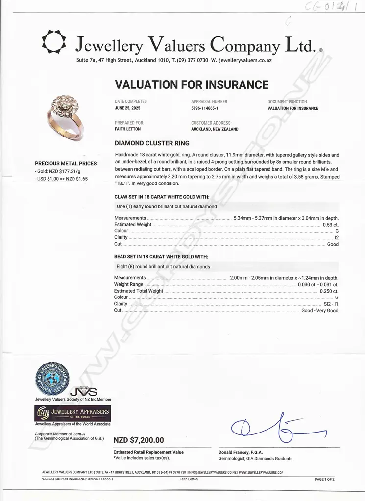 18CT WHITE GOLD DIAMOND CLUSTER RING, CENTRAL DIAMOND 0.53ct, COLOUR G, CLARITY I2, SIZE N, w. VALUATION Image 1++