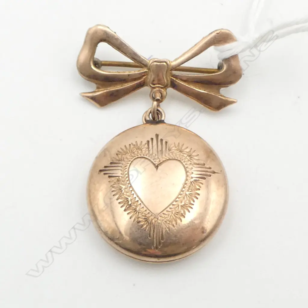 VINTAGE 9ct ROSE GOLD LOCKET on BOW BROOCH 8.68gms Image 1++