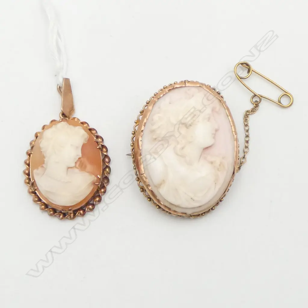 2 GOLD CAMEOS; LARGER 35x30mm STAMPED 9CT one with faults Image 1++