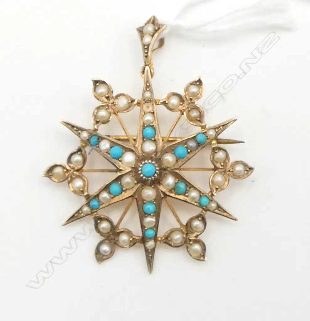 9CT GOLD PEARL AND TURQUOISE BROOCH/PENDANT 5.09gms Image 1++