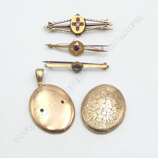 ASSTD VICT. 9CT GOLD BAR BROOCHES, GOLD PLATED LOCKET ETC 17.24gms