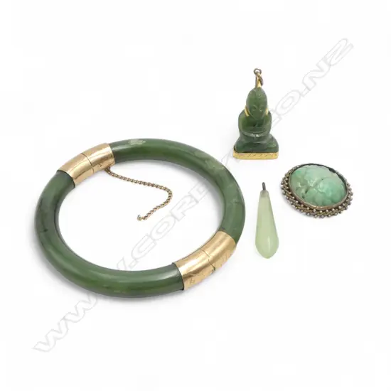 SILVER GILT? & POUNAMU: BANGLE + BUDDHA + jadeite ? EARRING + PENDANT 