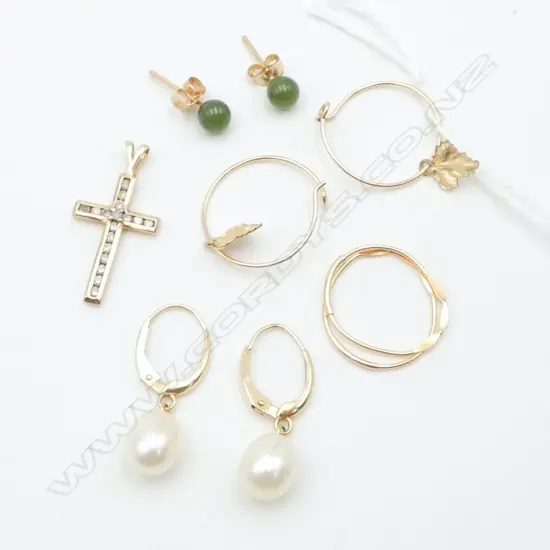 4 PRS EARRINGS + 10CT CROSS PENDANT; PR 14CT PEARL DROP, 2 PRS UNMARKED, PR GP GREENSTONE STUDS