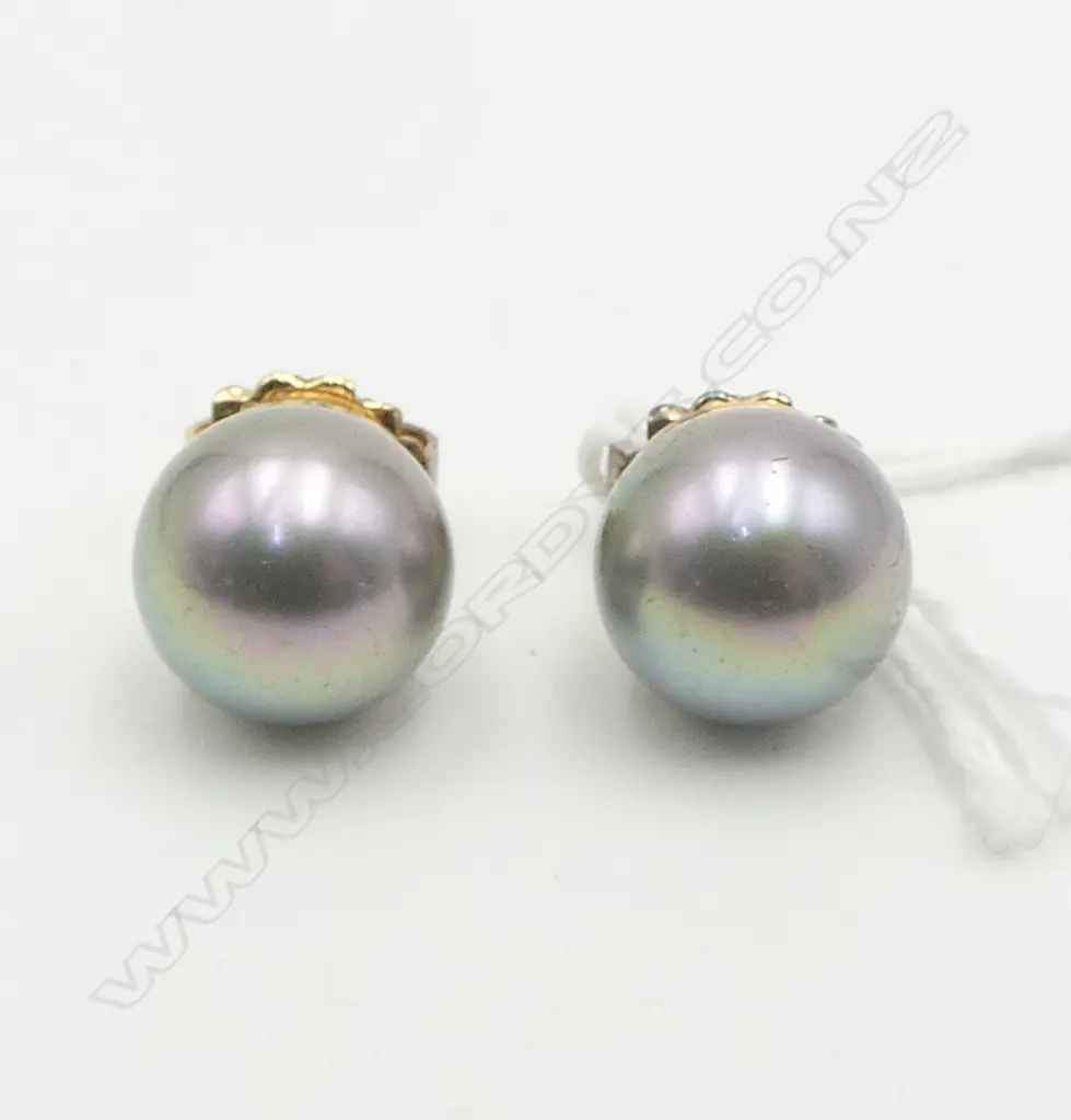 PAIR OF SILVER GILT AND FAUX TAHITIAN PEARL EARRINGS (val. $2,299) Image 1++