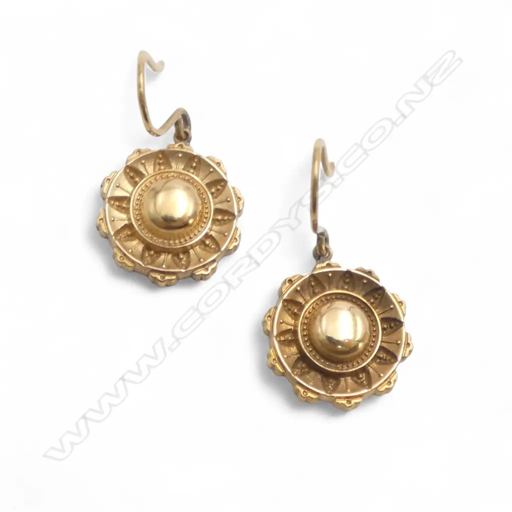Victorian 9ct gold circular hollow earrings half ball & radiating hoops for pierced ears 2.4gms Image 1++