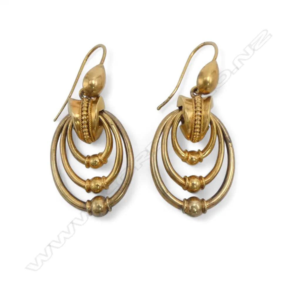 Victorian 9ct gold triple hanging hoop earrings 3.9gms Image 1++