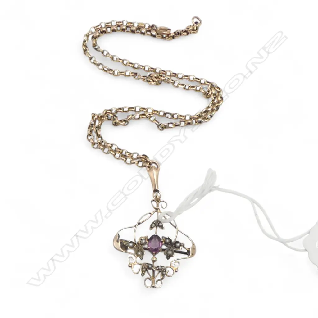 ANTIQUE 9ct PURPLE STONE & SEED PEARL PENDANT on 9ct CHAIN, 5.82gm, (pendant detatchable can be worn as a brooch ) Image 1++