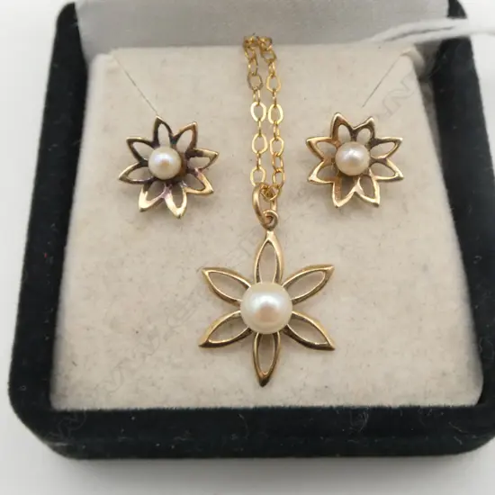 9CT GOLD & PEARL PENDANT R/Gold chain & EARING SET 2GMS (No butterflys)