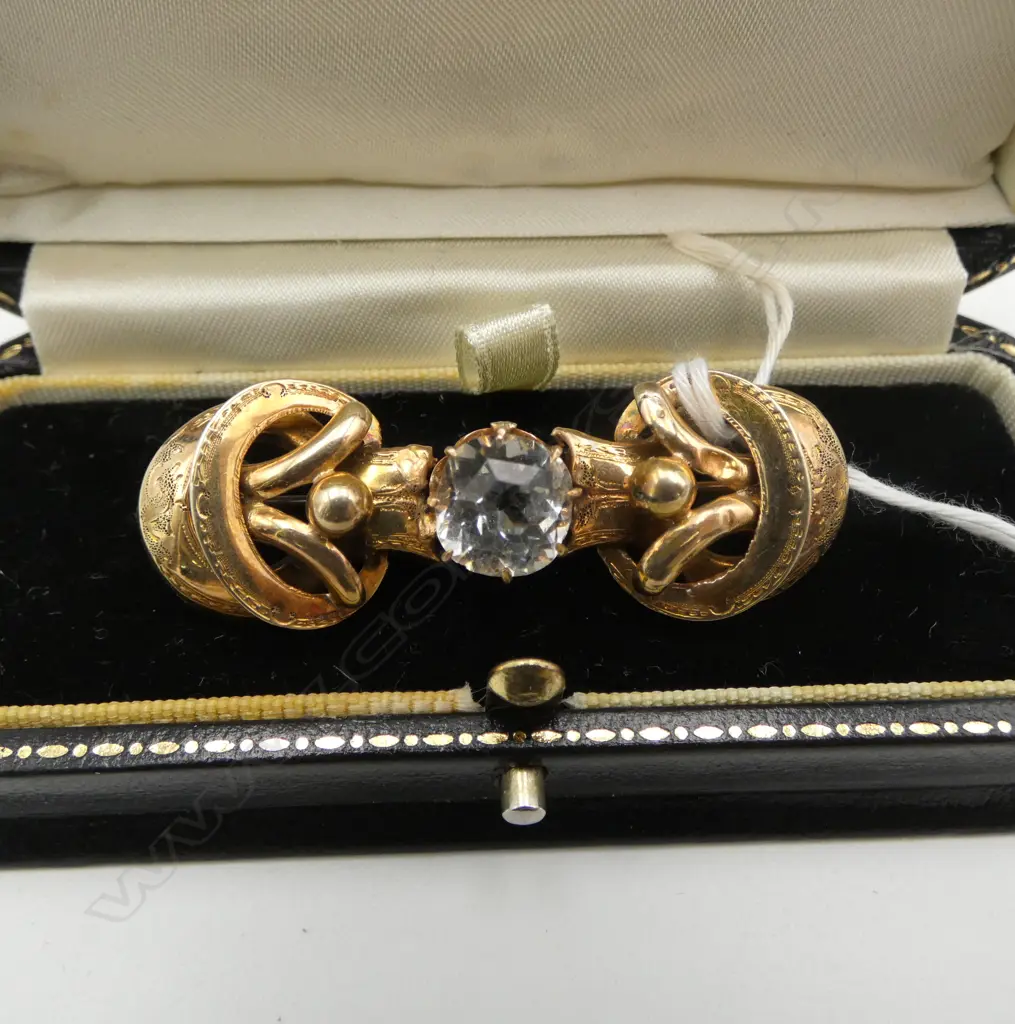 VICTORIAN EUTRUSCAN  (testing 14ct) GOLD GILT FANCY BROOCH with lge clear stone 6.65gms. Image 1++