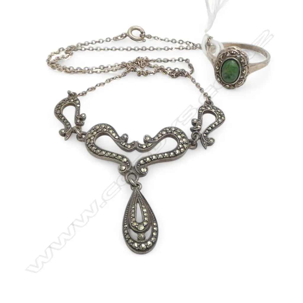 S/SILVER MARQUISITE NECKLACE & S/SILVER GREENSTONE RING Image 1++