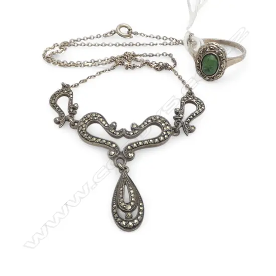 S/SILVER MARQUISITE NECKLACE & S/SILVER GREENSTONE RING
