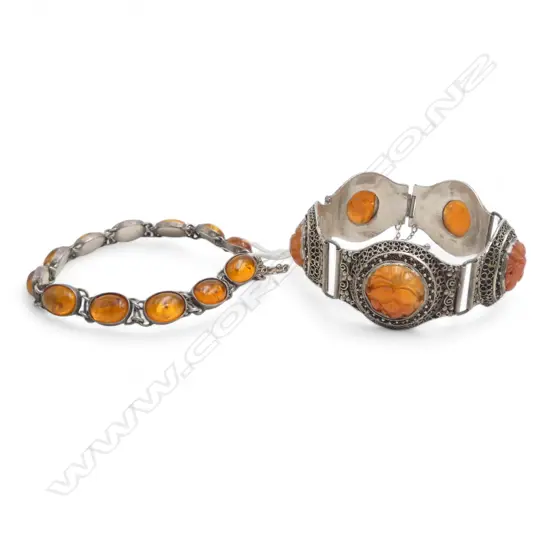2 SILVER BRACELETS; 925 STG & FAUX AMBER, CHINESE w. CARNELIAN