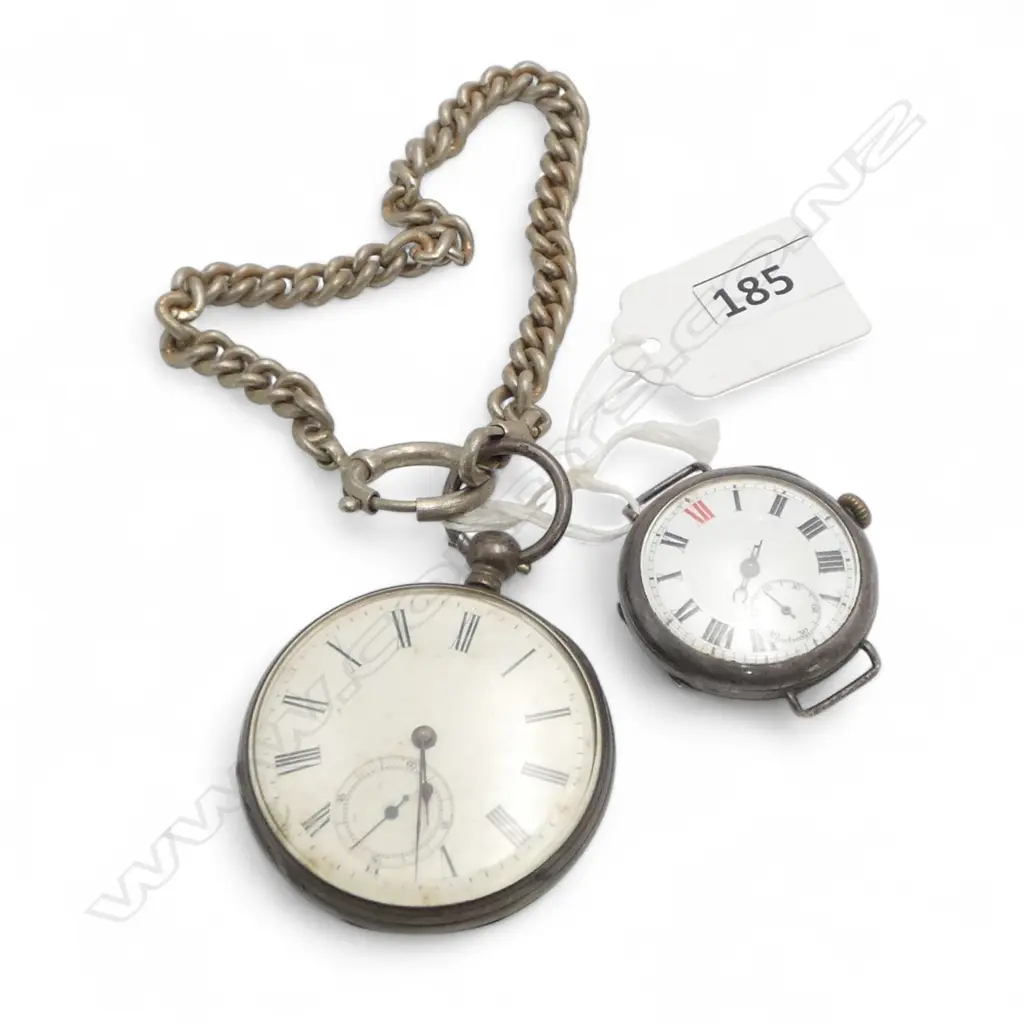 2 OLD SILVER WATCHES: c.1920 WRISTWATCH running hands a.f + 19thC POCKET WATCH w plated ? chain  Image 1++
