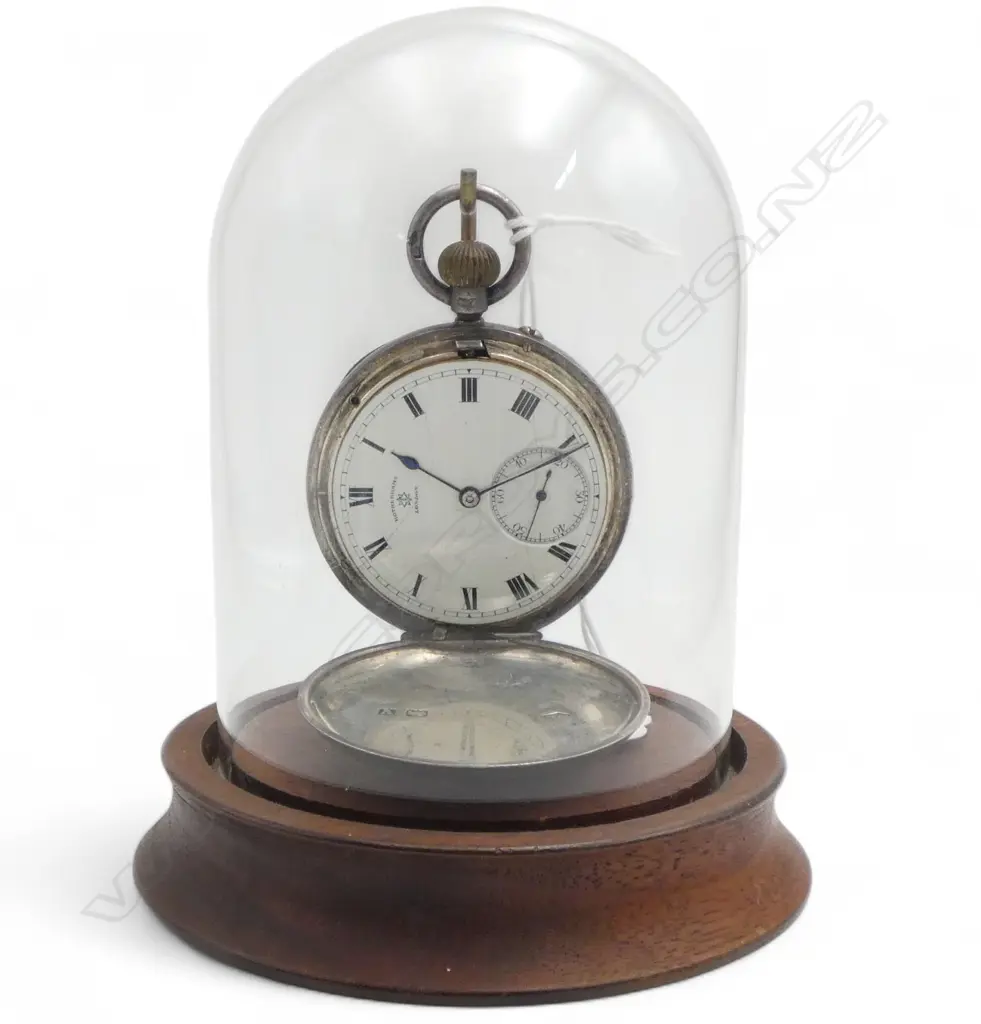 STG SILVER 'ROTHERHAMS LONDON' POCKET WATCH (B'HAM, 1920)  + GLASS CLOCHE STAND H.110mm Image 1++