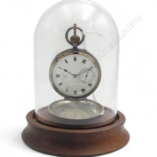 STG SILVER 'ROTHERHAMS LONDON' POCKET WATCH (B'HAM, 1920)  + GLASS CLOCHE STAND H.110mm