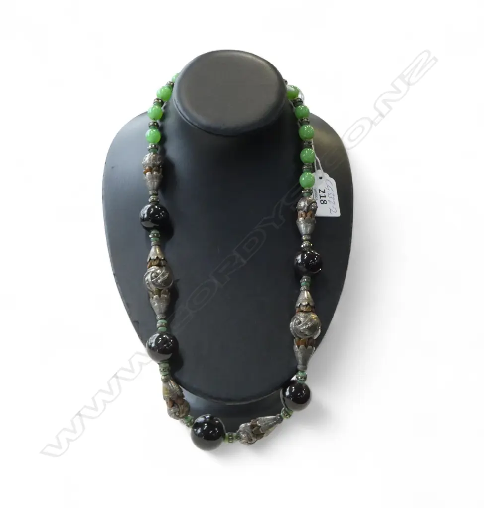 VINTAGE TRIBAL NECKLACE. Asst. beads :lge dark + white metal + green L.640mm Image 1++