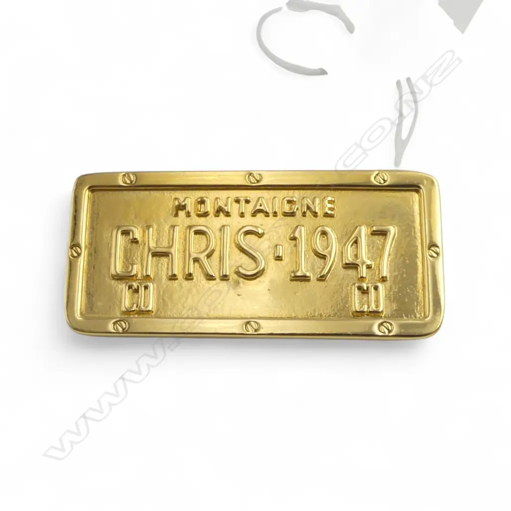 CHRISTIAN DIOR by JOHN GALLIANO CADILLAC LICENSE PLATE BROOCH, GOLD TONE as seen on 1stdibs Image 1++