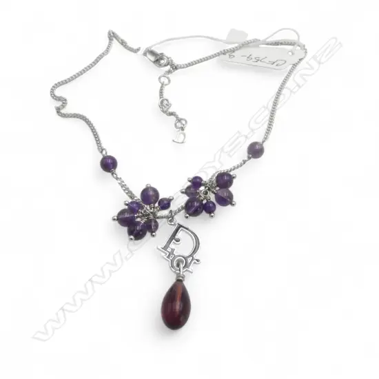 CHRISTIAN DIOR CHARM NECKLACE w Dior charm & purple beads, L.400mm