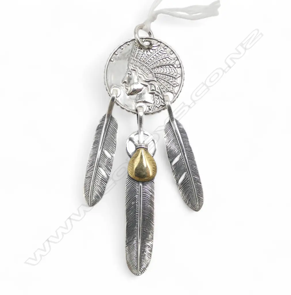 FAUX COIN PENDANT w. 3 925 FEATHERS L.75mm GOROS BRAND, JAPAN Image 1++
