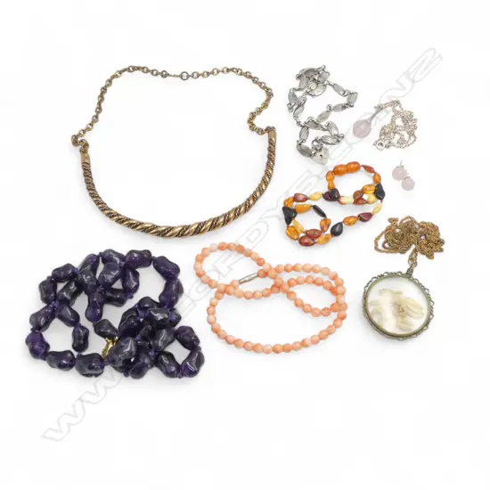 6 NECKLACES; 2 STG INCL. PINK QUARTZ PENDANT & EARRINGS SET; AMETHYST BEAD NECKLACE