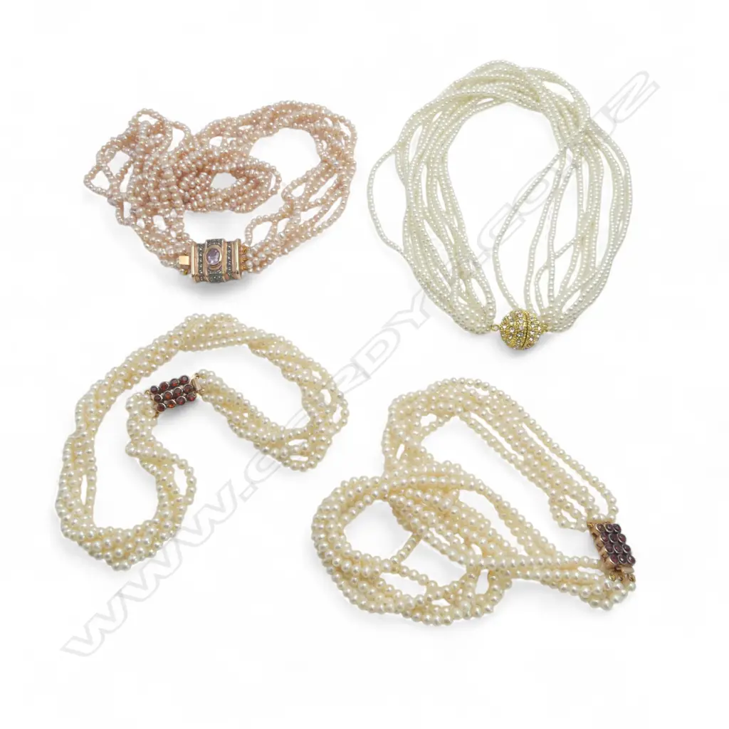 4 COSTUME PEARL CHOKER NECKLACES w CRYSTAL CLASPS Image 1++