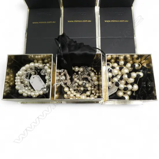 3 PCS MIMCO COSTUME JEWELLERY; COILED BRACELET, OPERA LENGTH NECKLACE, PEARL NECKLACE w BEIGE RIBBON BROOCH