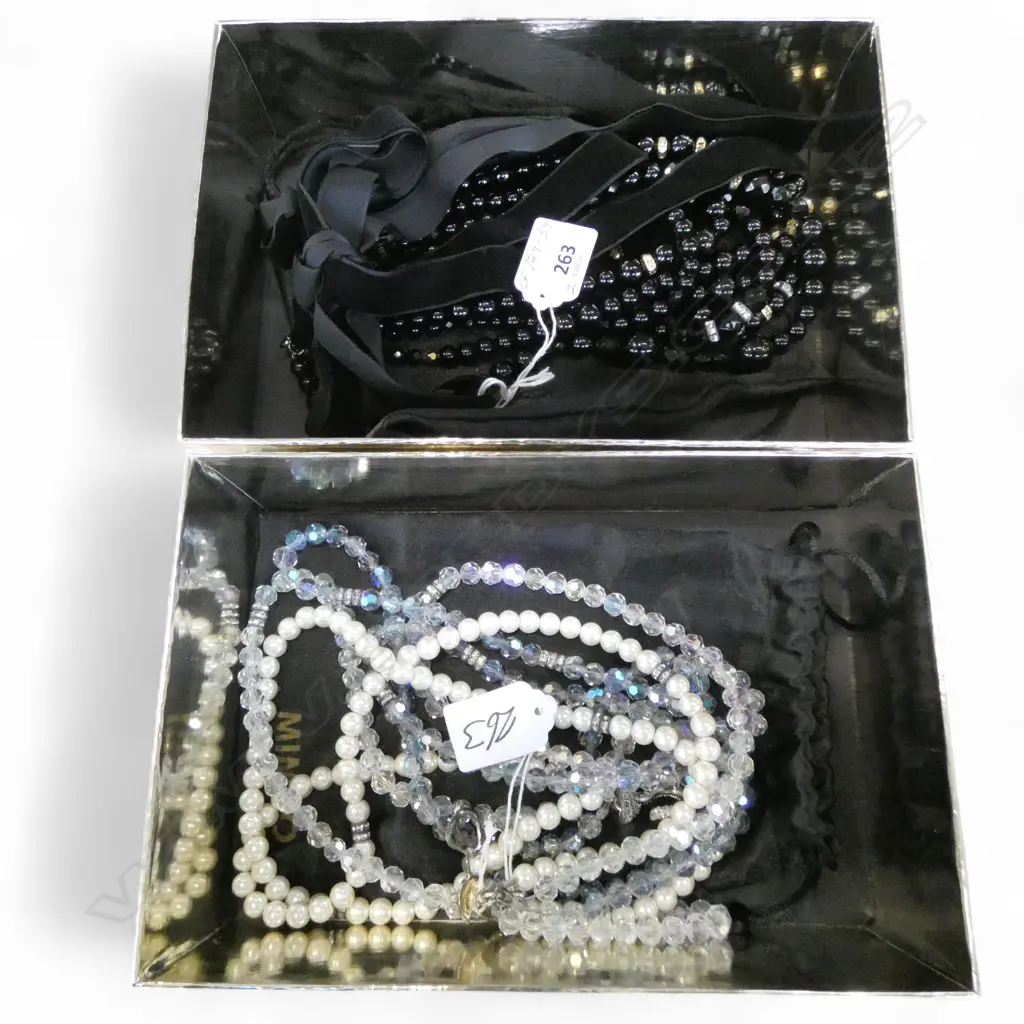 2 MULTI STRAND MIMCO COSTUME NECKLACES; CRYSTAL & PEARL & BLK GLASS/CRYSTAL & RIBBON Image 1++
