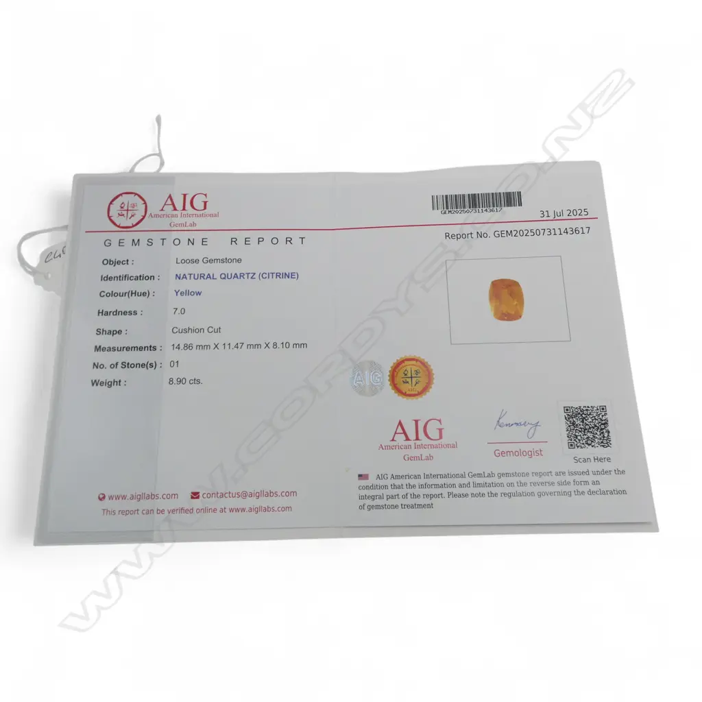UNSET SUNSHINE CITRINE, CUSHION CUT, 8.9ct, AIG CERT. Image 1++