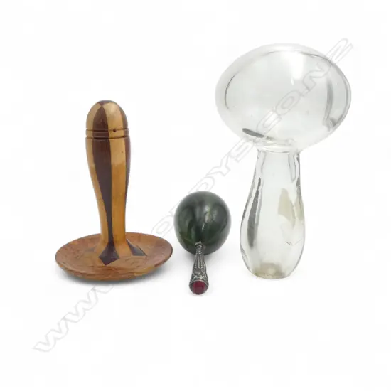 3 VINTAGE SEWING DARNING TOOLS: glass + treen + silver handled egg darner