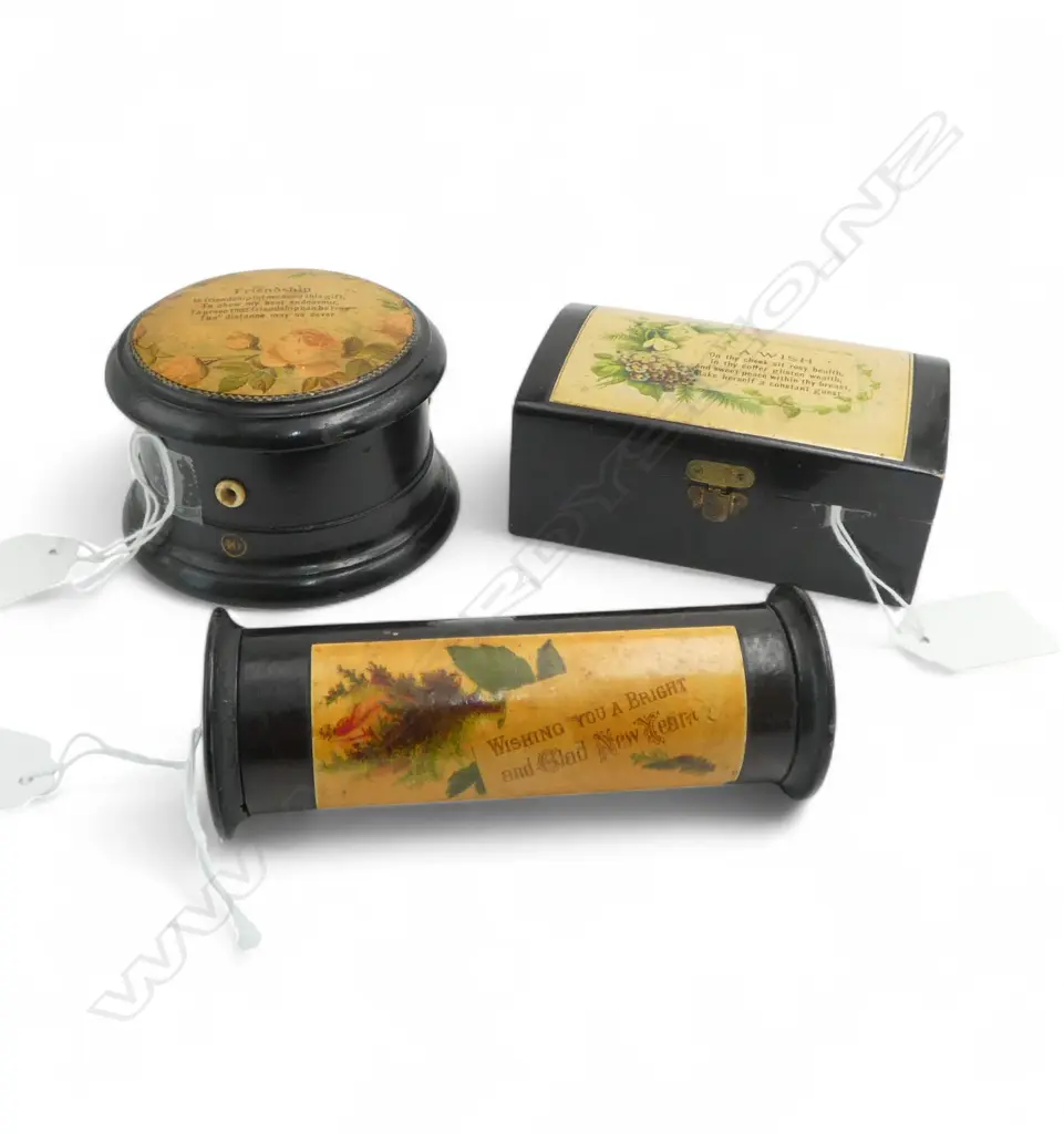 3 c1900 MAUCHILE WARE BOXES: Thread box with 'Friendship' saying + 2x Clark & Co's Anchor Sewing Cottons boxes Image 1++