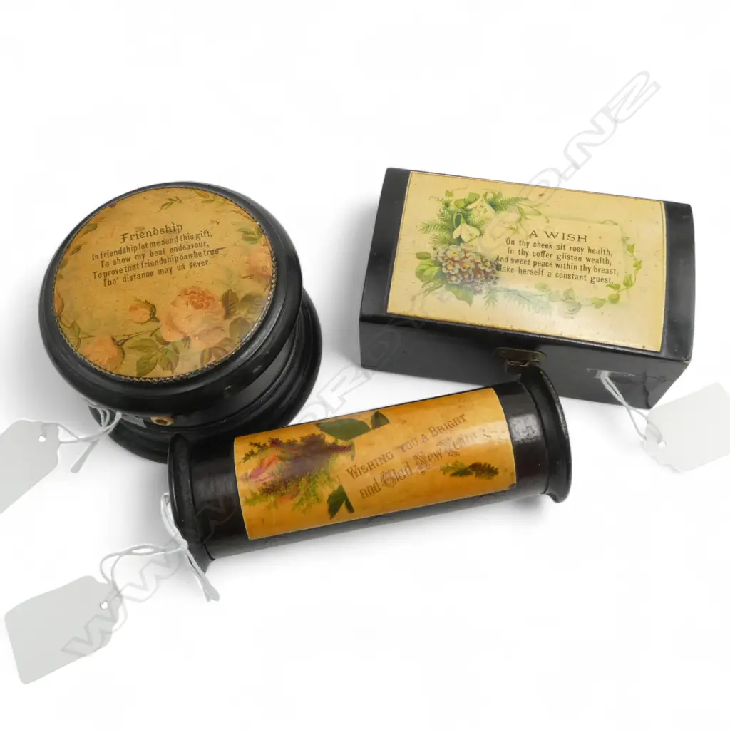 3 c1900 MAUCHILE WARE BOXES: Thread box with 'Friendship' saying + 2x Clark & Co's Anchor Sewing Cottons boxes Image 1++