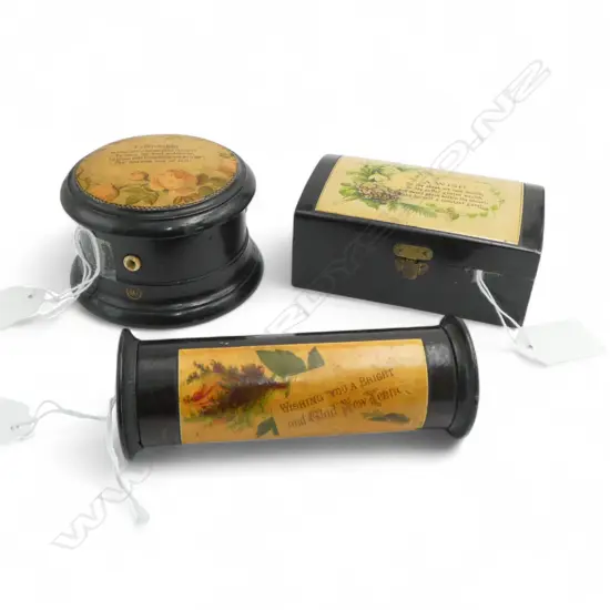 3 c1900 MAUCHILE WARE BOXES: Thread box with 'Friendship' saying + 2x Clark & Co's Anchor Sewing Cottons boxes