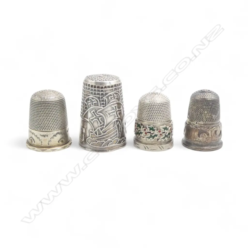 2 SILVER THIMBLES + 2 OTHERS probably plated: Birmingham 1893 + '925' lge ship + applied scrolls & other Image 1++