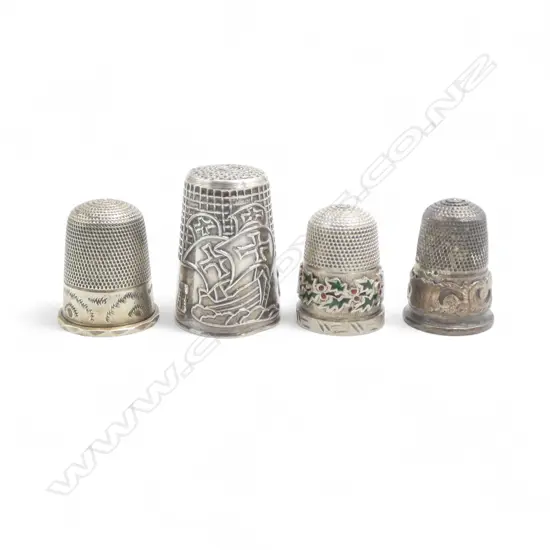 2 SILVER THIMBLES + 2 OTHERS probably plated: Birmingham 1893 + '925' lge ship + applied scrolls & other