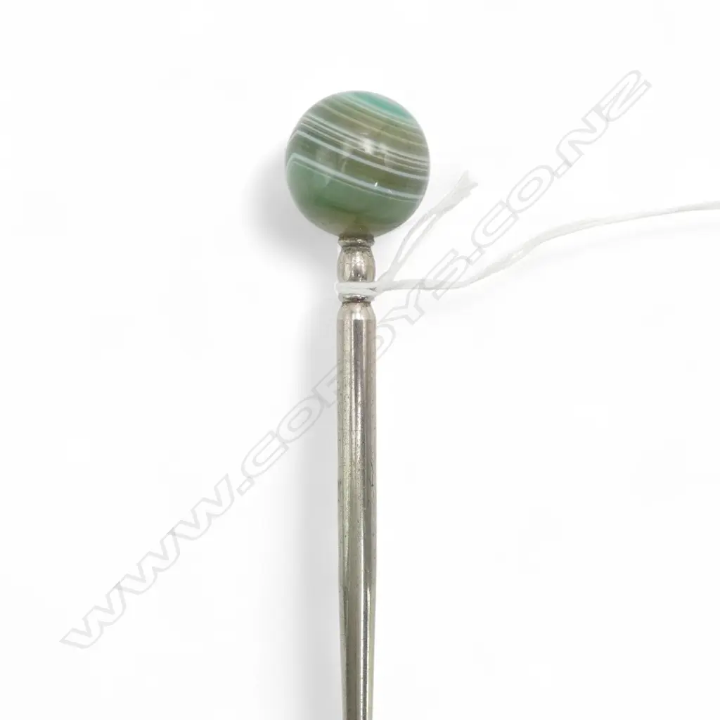 c.1900 stainless steel & GREEN BANDED AGATE BALL FINIAL Image 1++