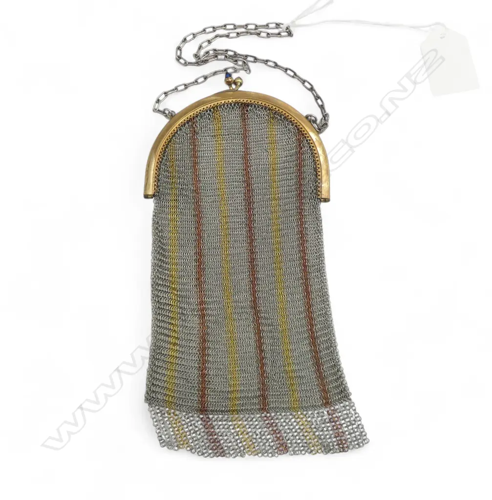 VINTAGE CHAIN MESH PURSE striped decoration. brass frame w blue stone clasps. Silver chain handle Image 1++