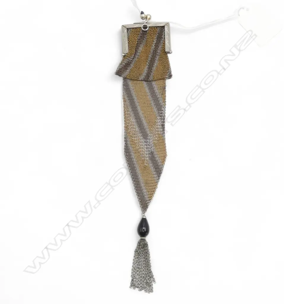 ART DECO striped MESH PURSE stone set clasp. Small with long mesh & gem pendant tassel to base Image 1++
