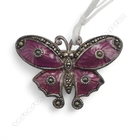 VINTAGE SILVER & PURPLE ENAMEL BUTTERFLY BROOCH with marcasite highlights
