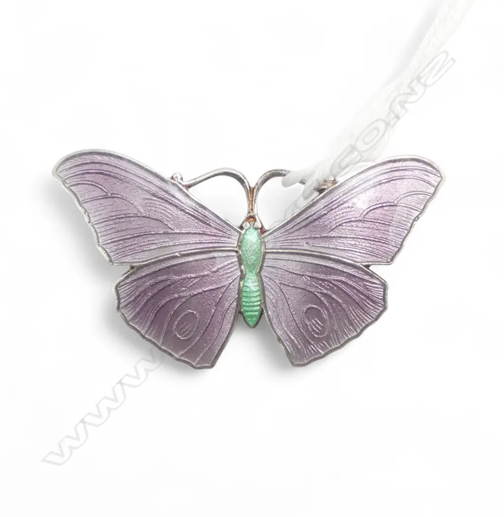 VINTAGE 'STERLING SILVER' & PURPLE + GREEN ENAMEL BUTTERFLY BROOCH Image 1++