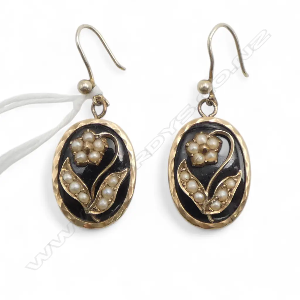 VICTORIAN PR GOLD & ROLLED GOLD SEED PEARL & BLACK ENAMEL EARRINGS Image 1++