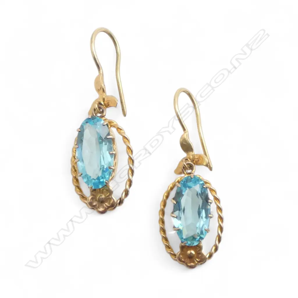 PR VINTAGE GILT ? BLUE STONE DROP EARRINGS Image 1++