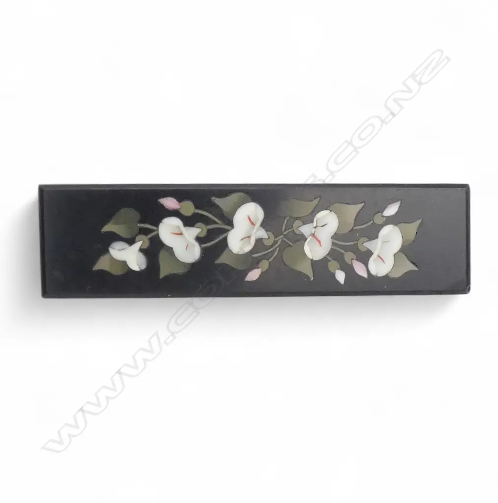 VICTORIAN BLACK onyx ? INLAID MOSAIC LONG RECTANGULAR BROOCH L.65mm Image 1++