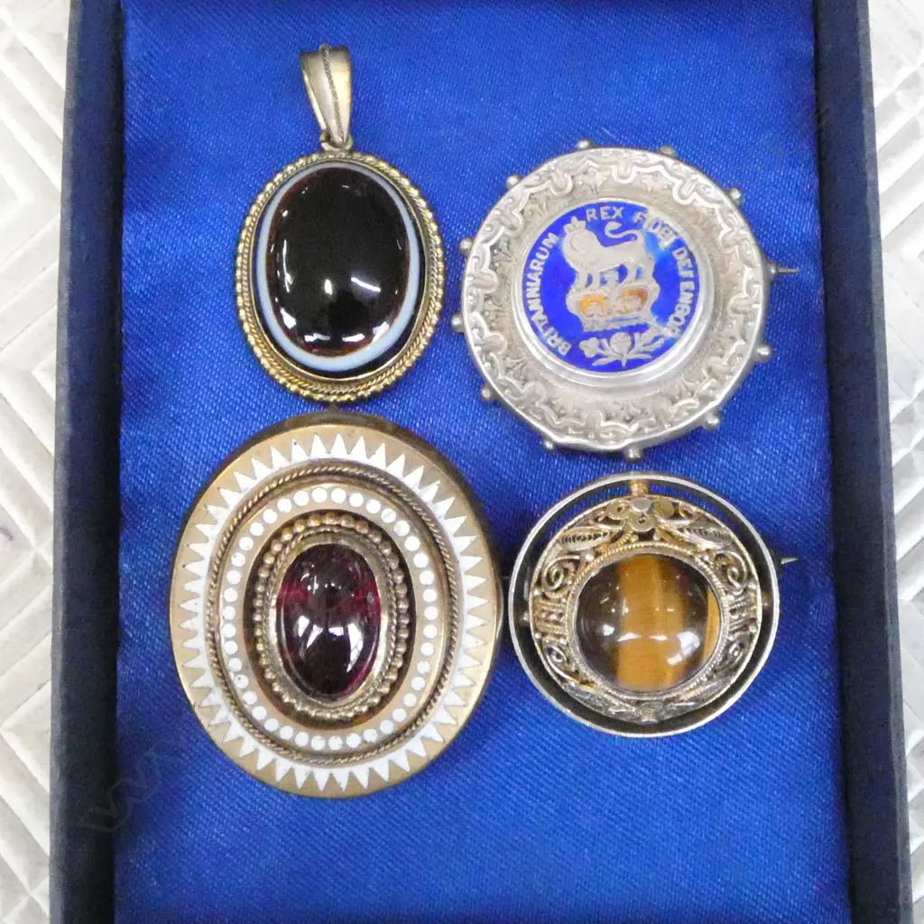 4 SILVER & ROLLED GOLD BROOCHES set w agate + tiger's eye + enamel + garnet ? Image 1++