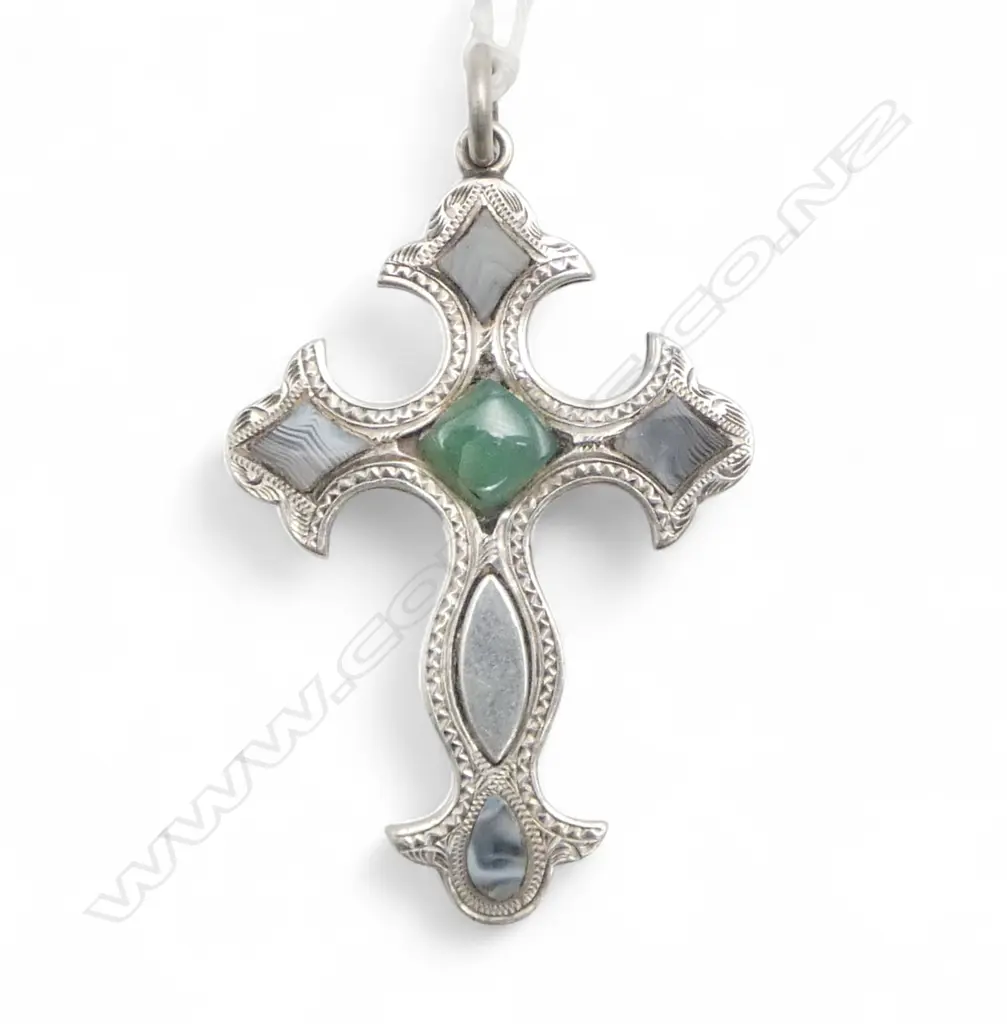 c.1900 SILVER & AGATE CROSS of good size engraved front & back L.55mm Image 1++