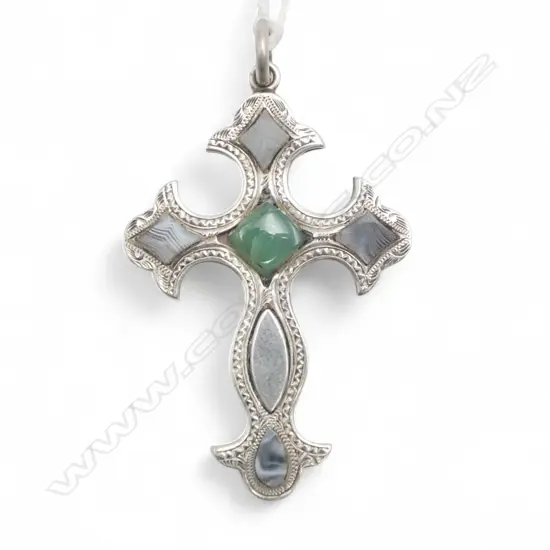 c.1900 SILVER & AGATE CROSS of good size engraved front & back L.55mm