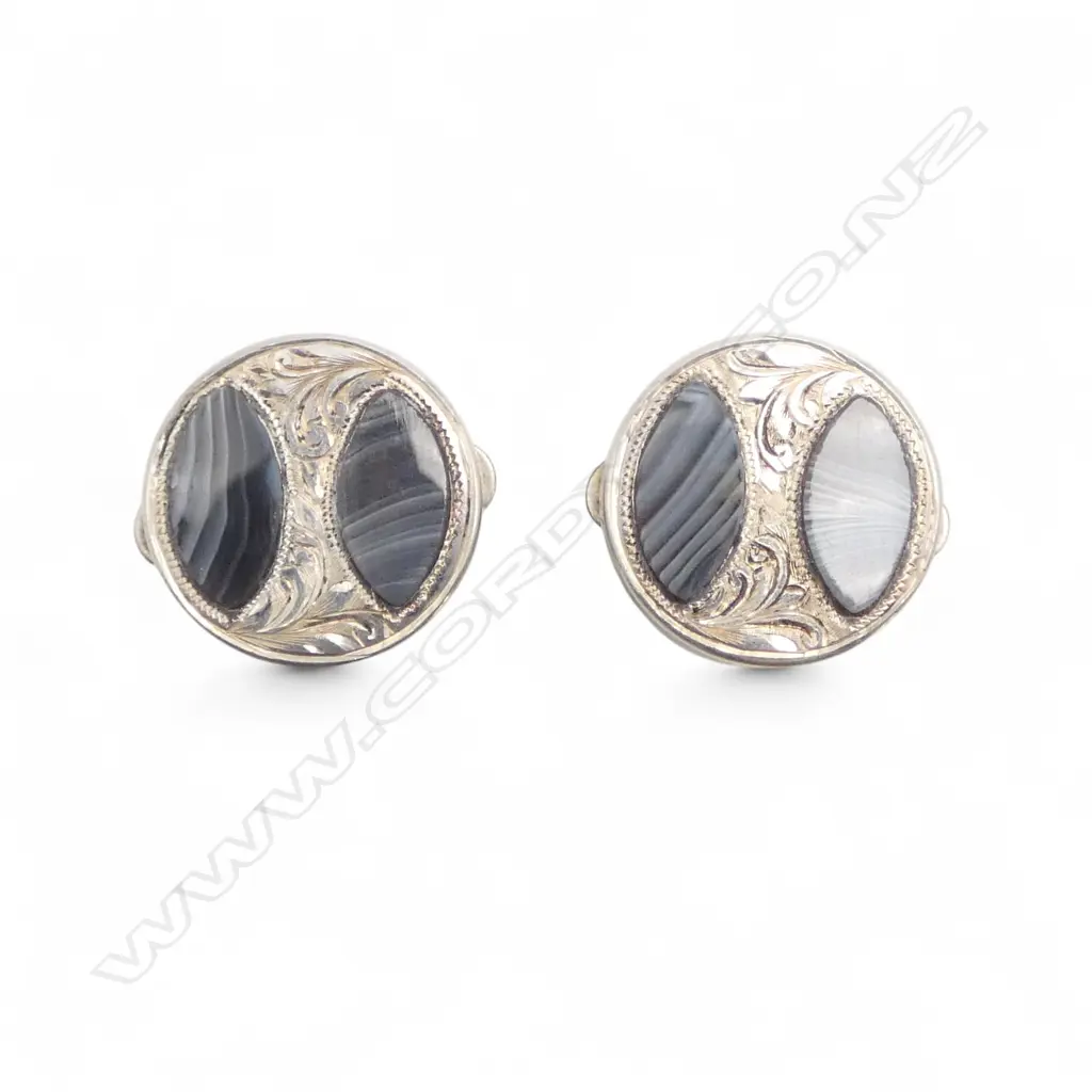PR c.1900 SILVER & BANDED AGATE SHIRT STUDS 'Perfect Action' Image 1++